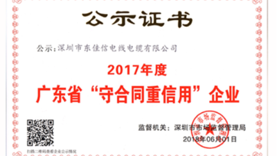 恭賀東佳信電纜被評(píng)為“2017年度廣東省守合同重信用企業(yè)”